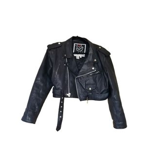 90s Vintage Contempo Black 100% Genuine Leather Cropped Moto Jacket Size…